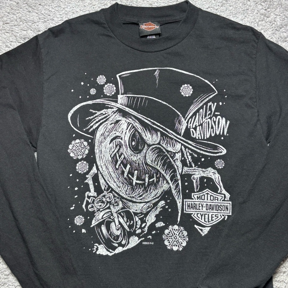Harley Davidson Shirt Womens Small Snowman Riding Motorcycle Skulls Holiday Gear